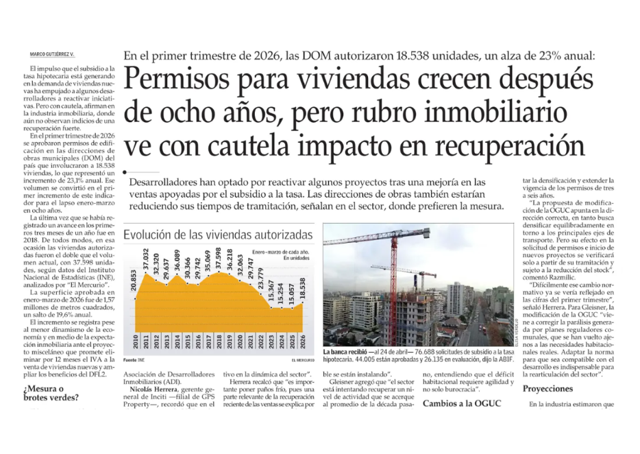 Permisos para viviendas crecen después de ocho años, pero rubro inmobiliario ve con cautela impacto en recuperación